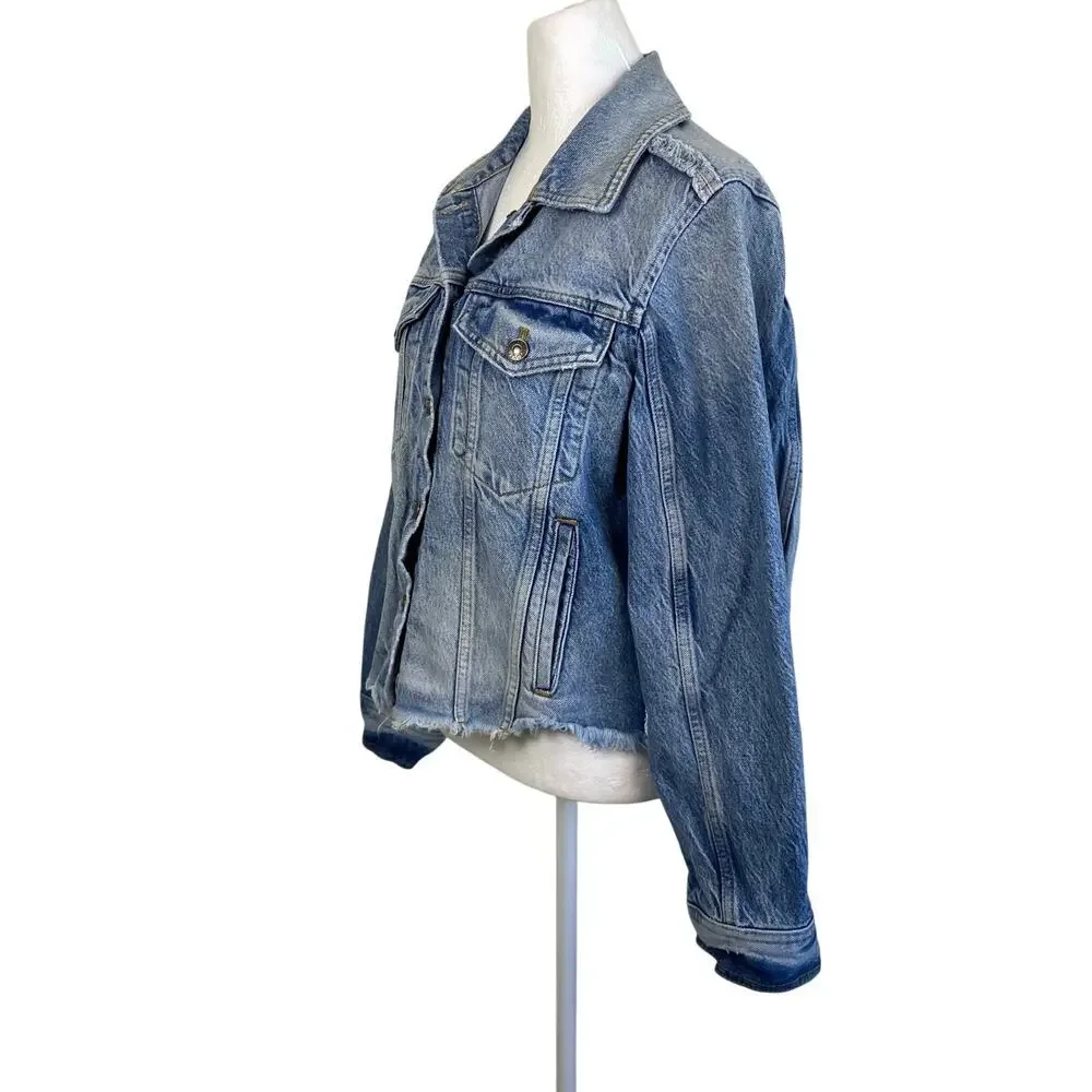 FP We The Free Sz S Indira Raw Hem Cropped Denim Jacket Retro Streetwear Casual